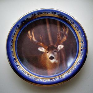 Russian Gzhel Porcelain Deer Raindeer Gold Trim Decorative Plate Dish Tray
